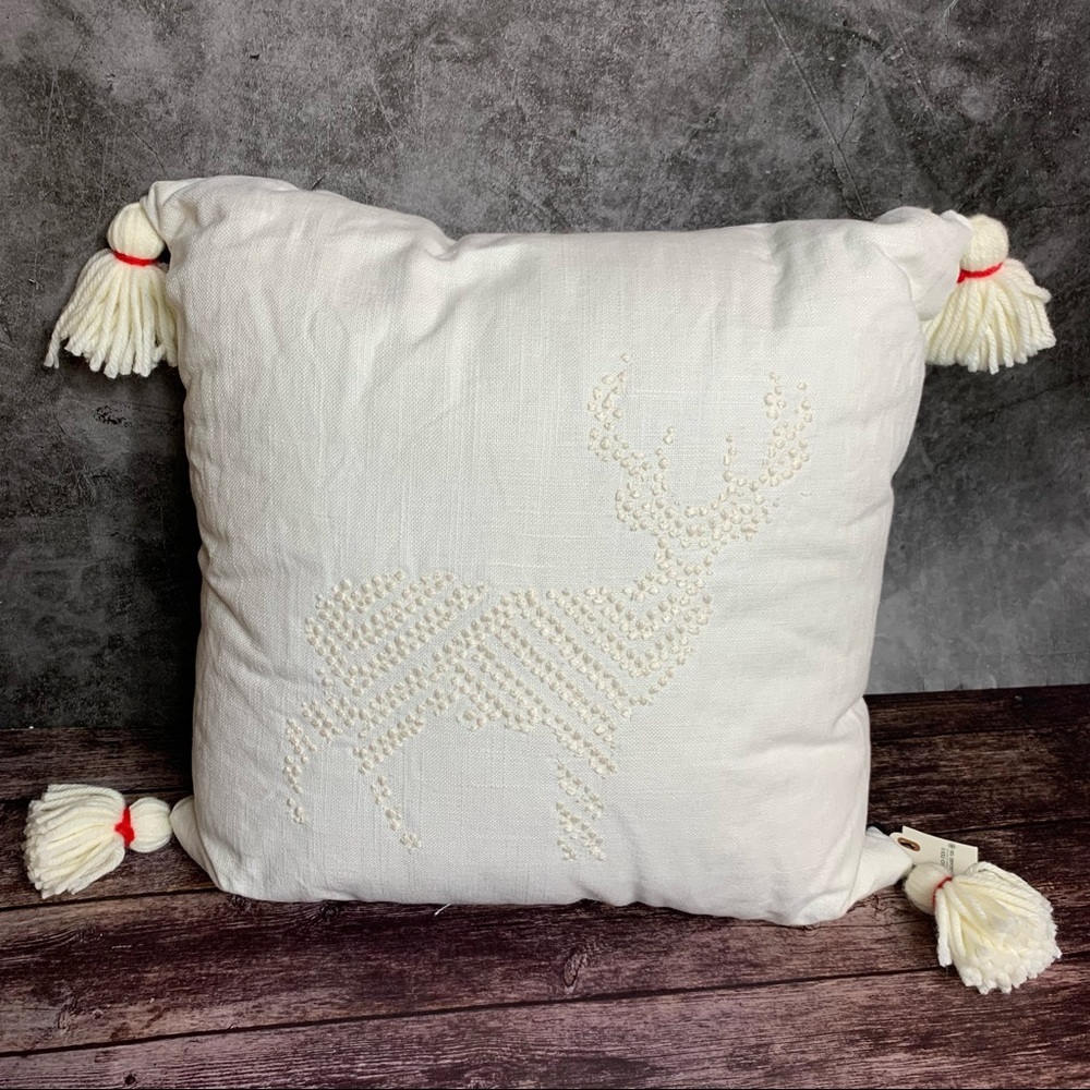 Hearth & Hand ~ Embroidered Deer Pillow with Tassels and Red Accent